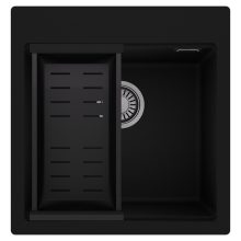 HD Infinity Black 48 egymedencés gránit mosogatótálca szett, matt fekete csepegtetőkosárral, matt fekete színben, szálcsiszolt króm leeresztő szifonnal