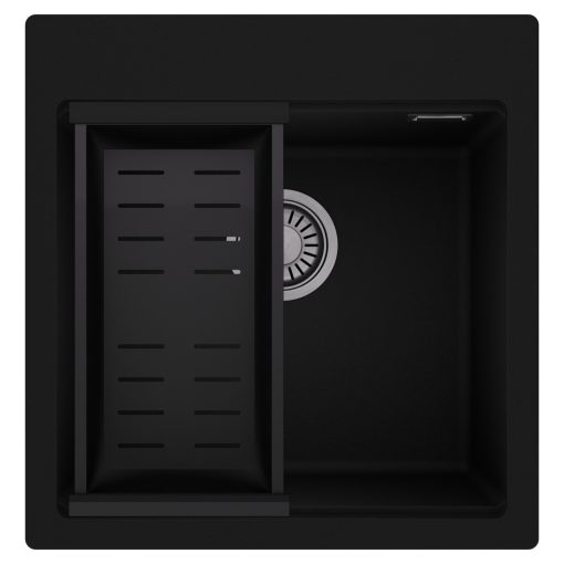 HD Infinity Black 48 egymedencés gránit mosogatótálca szett, matt fekete csepegtetőkosárral, matt fekete színben, szálcsiszolt króm leeresztő szifonnal
