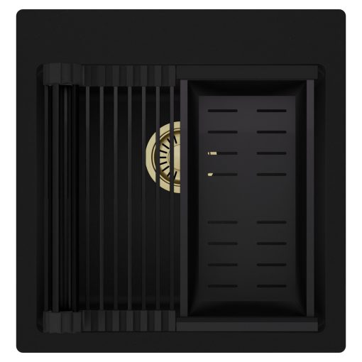 HD Infinity Black 48 egymedencés gránit mosogatótálca szett, matt fekete csepegtetőráccsal és kosárral, matt fekete színben, szálcsiszolt arany leeresztő szifonnal