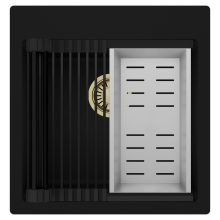 HD Infinity Black 48 egymedencés gránit mosogatótálca szett, matt fekete csepegtetőráccsal és krómozott kosárral, matt fekete színben, szálcsiszolt arany leeresztő szifonnal