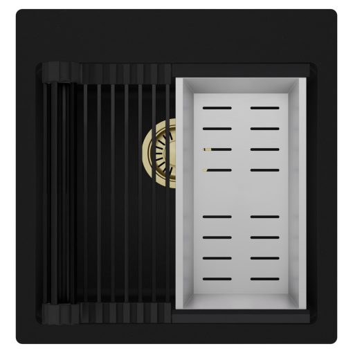 HD Infinity Black 48 egymedencés gránit mosogatótálca szett, matt fekete csepegtetőráccsal és krómozott kosárral, matt fekete színben, szálcsiszolt arany leeresztő szifonnal