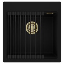 HD Infinity Black 48 egymedencés gránit mosogatótálca szett, matt fekete csepegtetőráccsal, matt fekete színben, szálcsiszolt arany leeresztő szifonnal