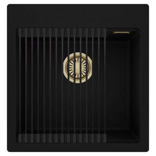HD Infinity Black 48 egymedencés gránit mosogatótálca szett, matt fekete csepegtetőráccsal, matt fekete színben, szálcsiszolt arany leeresztő szifonnal