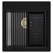 HD Infinity Black 48 egymedencés gránit mosogatótálca szett, acél csepegtetőráccsal és matt fekete kosárral, matt fekete színben, szálcsiszolt arany leeresztő szifonnal