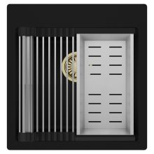 HD Infinity Black 48 egymedencés gránit mosogatótálca szett, acél csepegtetőráccsal és kosárral, matt fekete színben, szálcsiszolt arany leeresztő szifonnal