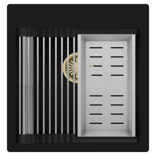 HD Infinity Black 48 egymedencés gránit mosogatótálca szett, acél csepegtetőráccsal és kosárral, matt fekete színben, szálcsiszolt arany leeresztő szifonnal