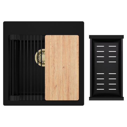 HD Infinity Black 48 egymedencés gránit mosogatótálca szett, vágódeszkával, matt fekete csepegtetőráccsal és kosárral, matt fekete színben, szálcsiszolt arany leeresztő szifonnal