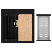 HD Infinity Black 48 egymedencés gránit mosogatótálca szett, vágódeszkával, matt fekete csepegtetőráccsal és krómozott kosárral, matt fekete színben, szálcsiszolt arany leeresztő szifonnal