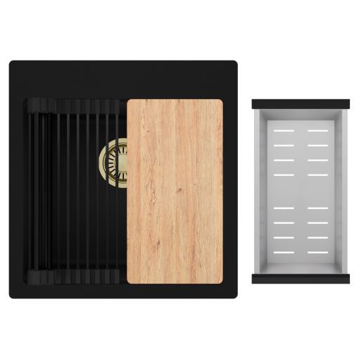 HD Infinity Black 48 egymedencés gránit mosogatótálca szett, vágódeszkával, matt fekete csepegtetőráccsal és krómozott kosárral, matt fekete színben, szálcsiszolt arany leeresztő szifonnal