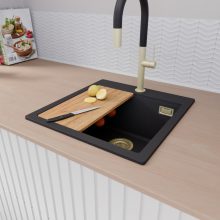 HD Infinity Black 48 egymedencés gránit mosogatótálca szett, vágódeszkával, matt fekete csepegtetőráccsal és krómozott kosárral, matt fekete színben, szálcsiszolt arany leeresztő szifonnal