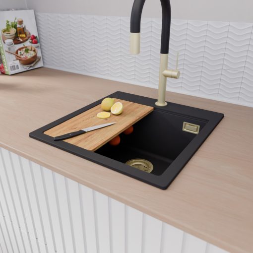 HD Infinity Black 48 egymedencés gránit mosogatótálca szett, vágódeszkával, matt fekete csepegtetőráccsal és krómozott kosárral, matt fekete színben, szálcsiszolt arany leeresztő szifonnal