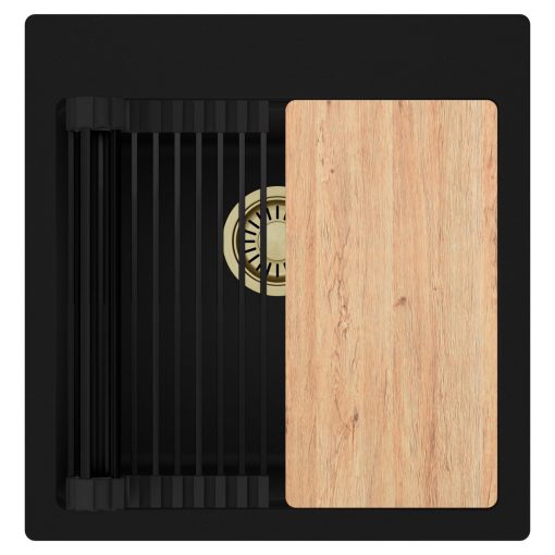 HD Infinity Black 48 egymedencés gránit mosogatótálca szett, vágódeszkával, matt fekete csepegtetőráccsal, matt fekete színben, szálcsiszolt arany leeresztő szifonnal