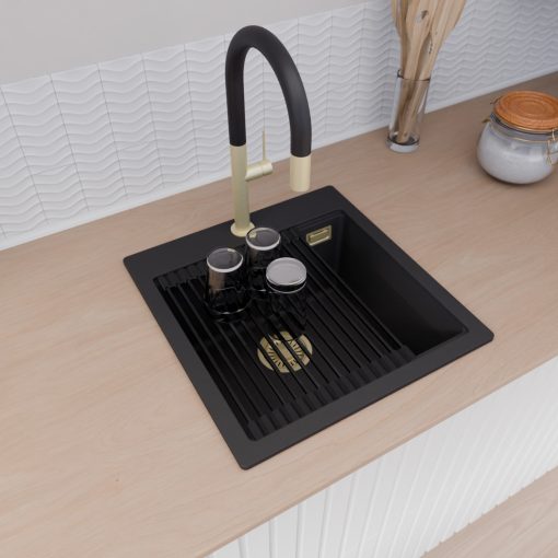 HD Infinity Black 48 egymedencés gránit mosogatótálca szett, vágódeszkával, matt fekete csepegtetőráccsal, matt fekete színben, szálcsiszolt arany leeresztő szifonnal