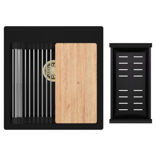 HD Infinity Black 48 egymedencés gránit mosogatótálca szett, vágódeszkával, acél csepegtetőráccsal és matt fekete kosárral, matt fekete színben, szálcsiszolt arany leeresztő szifonnal