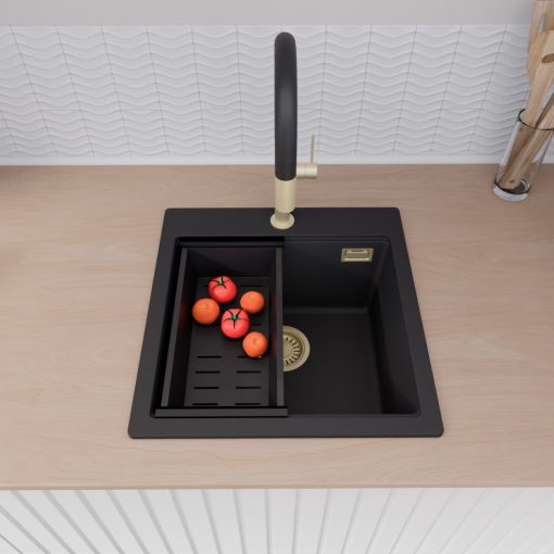 HD Infinity Black 48 egymedencés gránit mosogatótálca szett, vágódeszkával, acél csepegtetőráccsal és matt fekete kosárral, matt fekete színben, szálcsiszolt arany leeresztő szifonnal