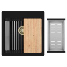 HD Infinity Black 48 egymedencés gránit mosogatótálca szett, vágódeszkával, acél csepegtetőráccsal és kosárral, matt fekete színben, szálcsiszolt arany leeresztő szifonnal