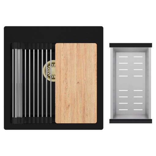 HD Infinity Black 48 egymedencés gránit mosogatótálca szett, vágódeszkával, acél csepegtetőráccsal és kosárral, matt fekete színben, szálcsiszolt arany leeresztő szifonnal