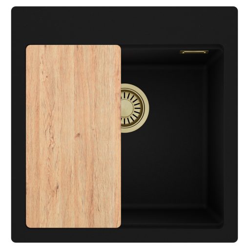 HD Infinity Black 48 egymedencés gránit mosogatótálca, vágódeszkával, matt fekete színben, szálcsiszolt arany leeresztő szifonnal