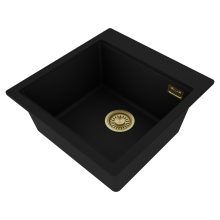 HD Infinity Black 48 egymedencés gránit mosogatótálca, vágódeszkával, matt fekete színben, szálcsiszolt arany leeresztő szifonnal