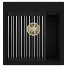 HD Infinity Black 48 egymedencés gránit mosogatótálca szett, acél csepegtetőráccsal, matt fekete színben, szálcsiszolt arany leeresztő szifonnal