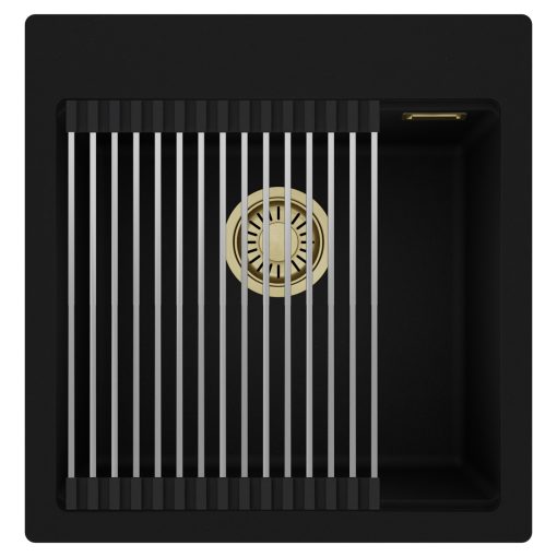 HD Infinity Black 48 egymedencés gránit mosogatótálca szett, acél csepegtetőráccsal, matt fekete színben, szálcsiszolt arany leeresztő szifonnal