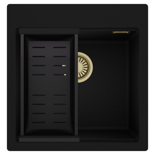 HD Infinity Black 48 egymedencés gránit mosogatótálca szett, matt fekete csepegtetőkosárral, matt fekete színben, szálcsiszolt arany leeresztő szifonnal