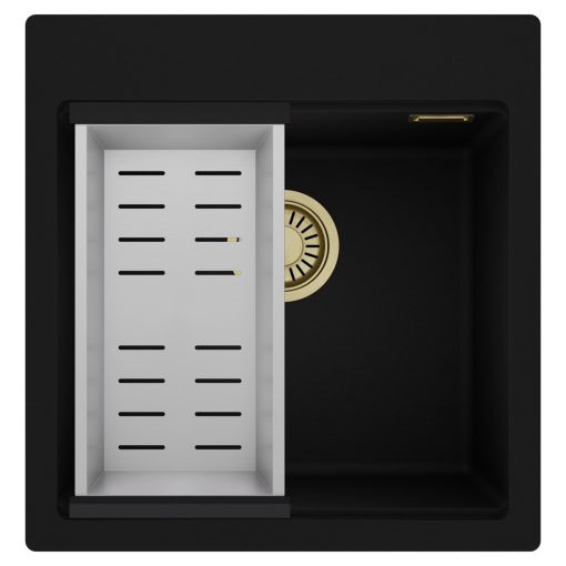 HD Infinity Black 48 egymedencés gránit mosogatótálca szett, acél csepegtetőkosárral, matt fekete színben, szálcsiszolt arany leeresztő szifonnal
