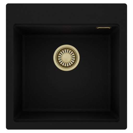 HD Infinity Black 48 egymedencés gránit mosogatótálca, matt fekete színben, szálcsiszolt arany leeresztő szifonnal