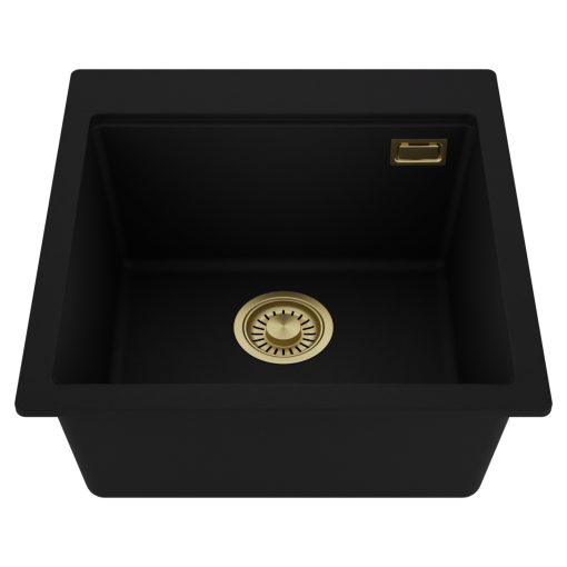 HD Infinity Black 48 egymedencés gránit mosogatótálca, matt fekete színben, szálcsiszolt arany leeresztő szifonnal