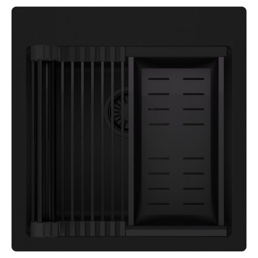 HD Infinity Black 48 egymedencés gránit mosogatótálca szett, matt fekete csepegtetőráccsal és kosárral, matt fekete színben, matt fekete leeresztő szifonnal