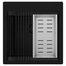 HD Infinity Black 48 egymedencés gránit mosogatótálca szett, matt fekete csepegtetőráccsal és krómozott kosárral, matt fekete színben, matt fekete leeresztő szifonnal