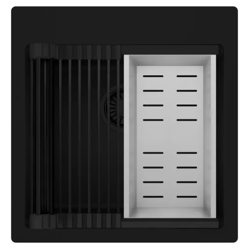 HD Infinity Black 48 egymedencés gránit mosogatótálca szett, matt fekete csepegtetőráccsal és krómozott kosárral, matt fekete színben, matt fekete leeresztő szifonnal