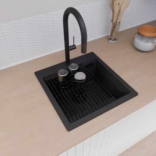 HD Infinity Black 48 egymedencés gránit mosogatótálca szett, matt fekete csepegtetőráccsal és krómozott kosárral, matt fekete színben, matt fekete leeresztő szifonnal