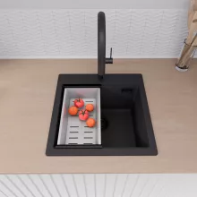 HD Infinity Black 48 egymedencés gránit mosogatótálca szett, matt fekete csepegtetőráccsal és krómozott kosárral, matt fekete színben, matt fekete leeresztő szifonnal