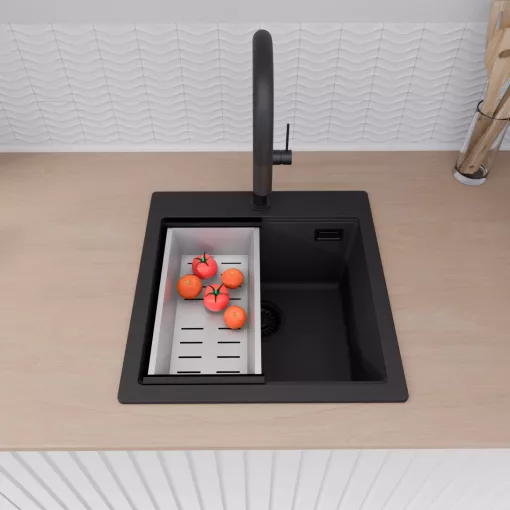 HD Infinity Black 48 egymedencés gránit mosogatótálca szett, matt fekete csepegtetőráccsal és krómozott kosárral, matt fekete színben, matt fekete leeresztő szifonnal