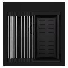 HD Infinity Black 48 egymedencés gránit mosogatótálca szett, acél csepegtetőráccsal és matt fekete kosárral, matt fekete színben, matt fekete leeresztő szifonnal