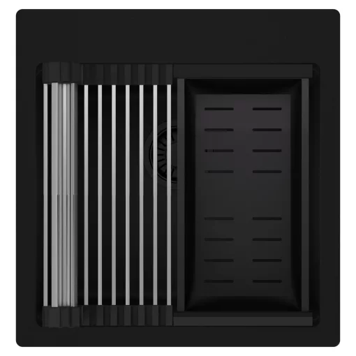 HD Infinity Black 48 egymedencés gránit mosogatótálca szett, acél csepegtetőráccsal és matt fekete kosárral, matt fekete színben, matt fekete leeresztő szifonnal