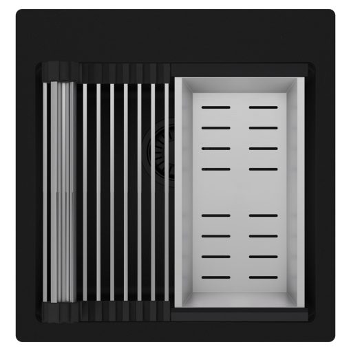 HD Infinity Black 48 egymedencés gránit mosogatótálca szett, acél csepegtetőráccsal és kosárral, matt fekete színben, matt fekete leeresztő szifonnal