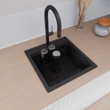 HD Infinity Black 48 egymedencés gránit mosogatótálca szett, vágódeszkával, matt fekete csepegtetőráccsal, matt fekete színben, matt fekete leeresztő szifonnal