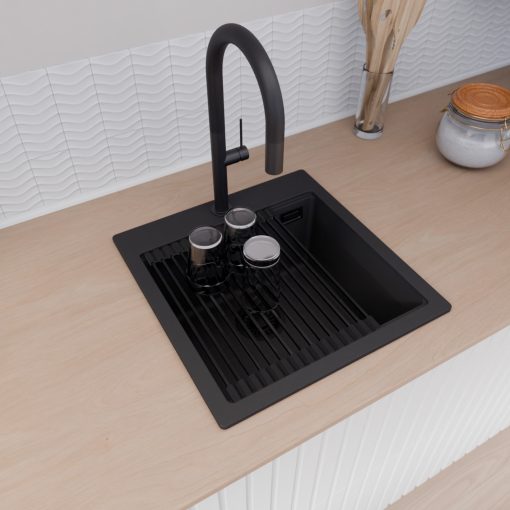 HD Infinity Black 48 egymedencés gránit mosogatótálca szett, vágódeszkával, matt fekete csepegtetőráccsal, matt fekete színben, matt fekete leeresztő szifonnal