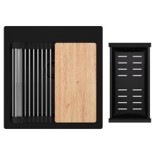 HD Infinity Black 48 egymedencés gránit mosogatótálca szett, vágódeszkával, acél csepegtetőráccsal és matt fekete kosárral, matt fekete színben, matt fekete leeresztő szifonnal