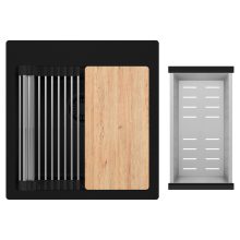 HD Infinity Black 48 egymedencés gránit mosogatótálca szett, vágódeszkával, acél csepegtetőráccsal és kosárral, matt fekete színben, matt fekete leeresztő szifonnal