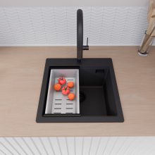 HD Infinity Black 48 egymedencés gránit mosogatótálca szett, vágódeszkával, acél csepegtetőráccsal és kosárral, matt fekete színben, matt fekete leeresztő szifonnal