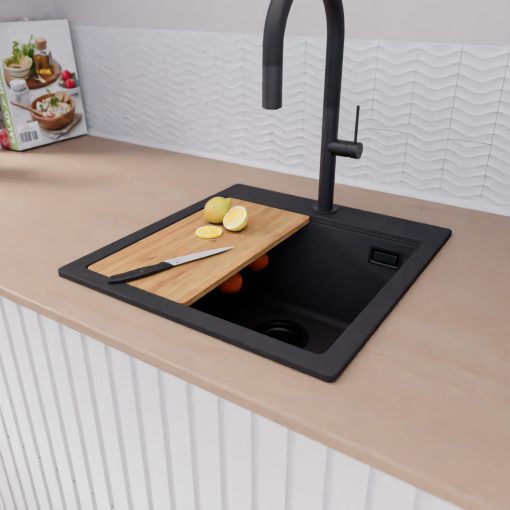 HD Infinity Black 48 egymedencés gránit mosogatótálca szett, vágódeszkával, acél csepegtetőráccsal, matt fekete színben, matt fekete leeresztő szifonnal