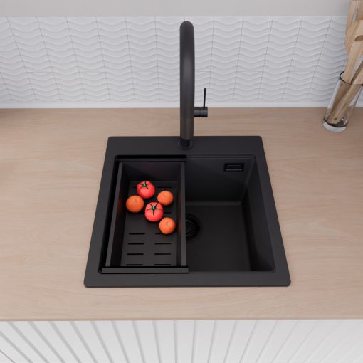 HD Infinity Black 48 egymedencés gránit mosogatótálca szett, vágódeszkával, matt fekete csepegtetőkosárral, matt fekete színben, matt fekete leeresztő szifonnal