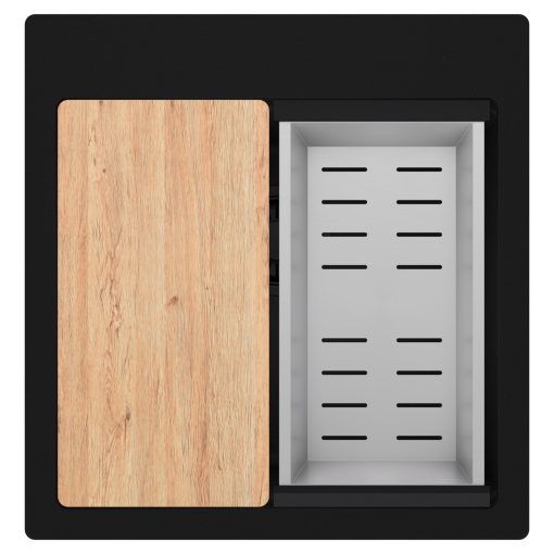 HD Infinity Black 48 egymedencés gránit mosogatótálca szett, vágódeszkával, acél csepegtetőkosárral, matt fekete színben, matt fekete leeresztő szifonnal