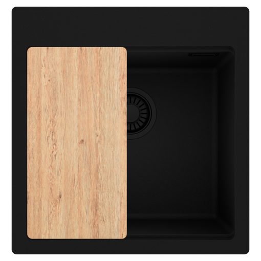 HD Infinity Black 48 egymedencés gránit mosogatótálca, vágódeszkával, matt fekete színben, matt fekete leeresztő szifonnal