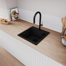 HD Infinity Black 48 egymedencés gránit mosogatótálca, vágódeszkával, matt fekete színben, matt fekete leeresztő szifonnal