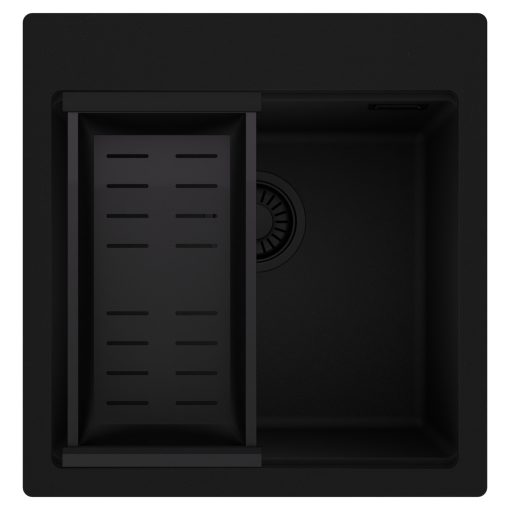 HD Infinity Black 48 egymedencés gránit mosogatótálca szett, matt fekete csepegtetőkosárral, matt fekete színben, matt fekete leeresztő szifonnal
