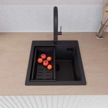 HD Infinity Black 48 egymedencés gránit mosogatótálca szett, matt fekete csepegtetőkosárral, matt fekete színben, matt fekete leeresztő szifonnal